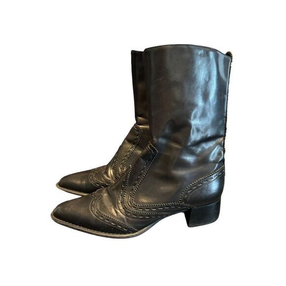 Nine West Black Leather Mid-Calf Boots 6.5M With Side Zipper & Stacked Heel - Picture 1 of 8
